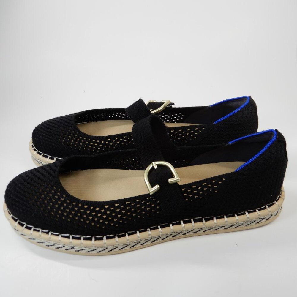 Rothy's Black Mary Jane Espadrille Flats with Gold Buckle - Picture 5 of 16